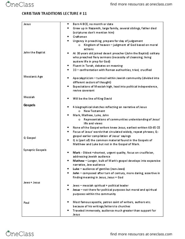 RLG100Y1 Lecture Notes - Lecture 11: Pharisees, Synoptic Gospels, Messianic Age thumbnail