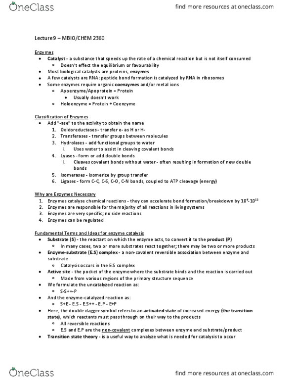 MBIO 2360 Lecture Notes - Lecture 9: Reaction Coordinate, Reaction Rate, Activation Energy thumbnail