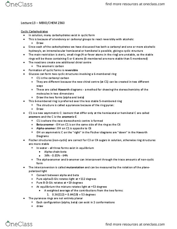 MBIO 2360 Lecture Notes - Lecture 13: Furanose, Ribose, Ketose thumbnail