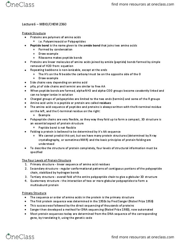 MBIO 2360 Lecture Notes - Lecture 6: Chymotrypsin, Mass Spectrometry, Genome Project thumbnail