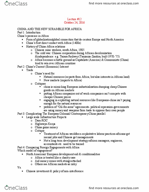 GEOG 1000 Lecture Notes - Lecture 12: Conditionality, Tazara Railway, Scramble For Africa thumbnail