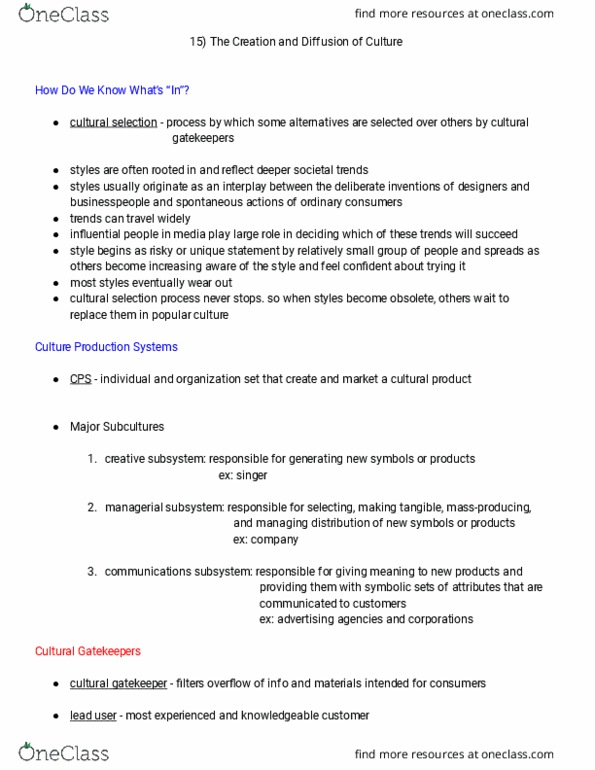 MARK 305 Chapter 15: The Creation and Diffusion of Culture (Solomon: Consumer Behaviour, 7th Canadian ed) thumbnail