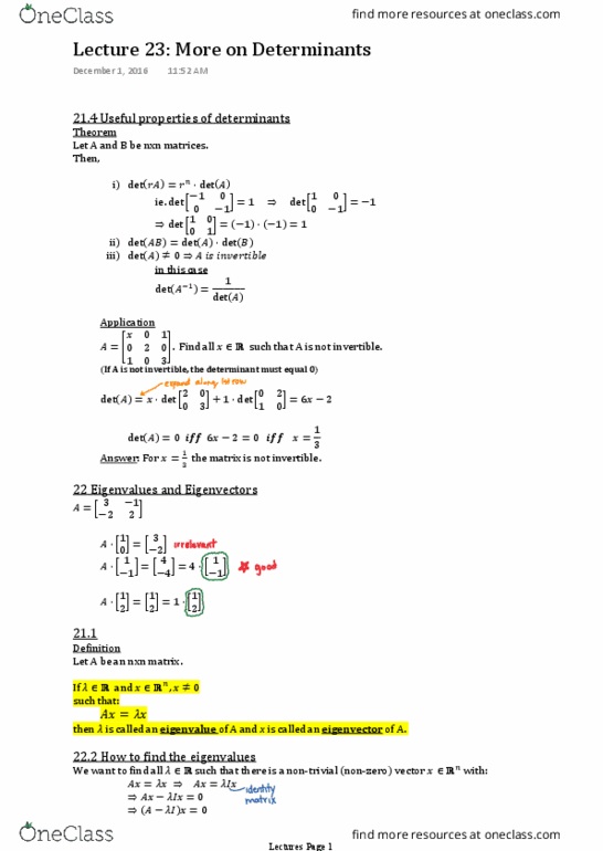 MAT 1341 Lecture 23: More on Determinants, Eigenvalues, Eigenvectors thumbnail