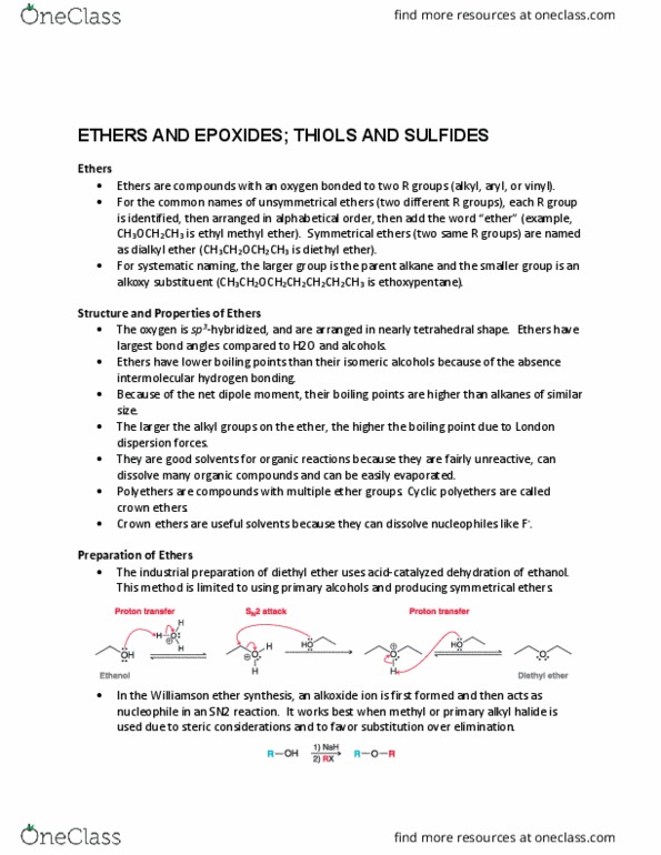 CHM138H1 Chapter all: Ethers and Epoxides Thiols and Sulfides thumbnail