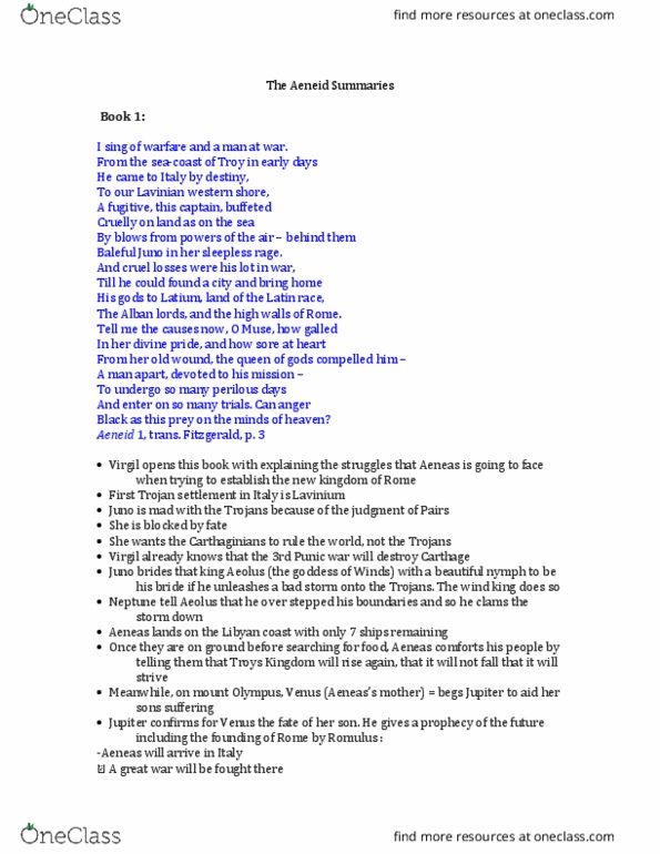 HUMA 1105 Lecture 23: The Aeneid Passage Summaries thumbnail