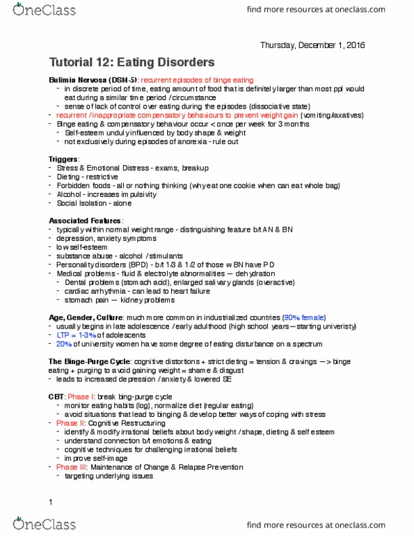 Psychology 2310A/B Lecture Notes - Lecture 12: Bulimia Nervosa, Cardiac Arrhythmia, Binge Eating thumbnail