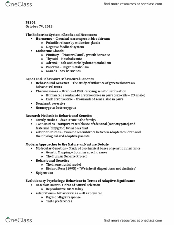 PS101 Lecture Notes - Lecture 5: Chromosome, Negative Feedback, Biological Target thumbnail