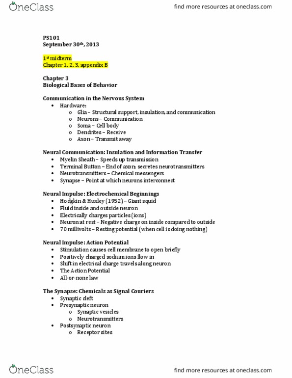 PS101 Lecture Notes - Lecture 3: Myelin, Postsynaptic Potential, Agonist thumbnail