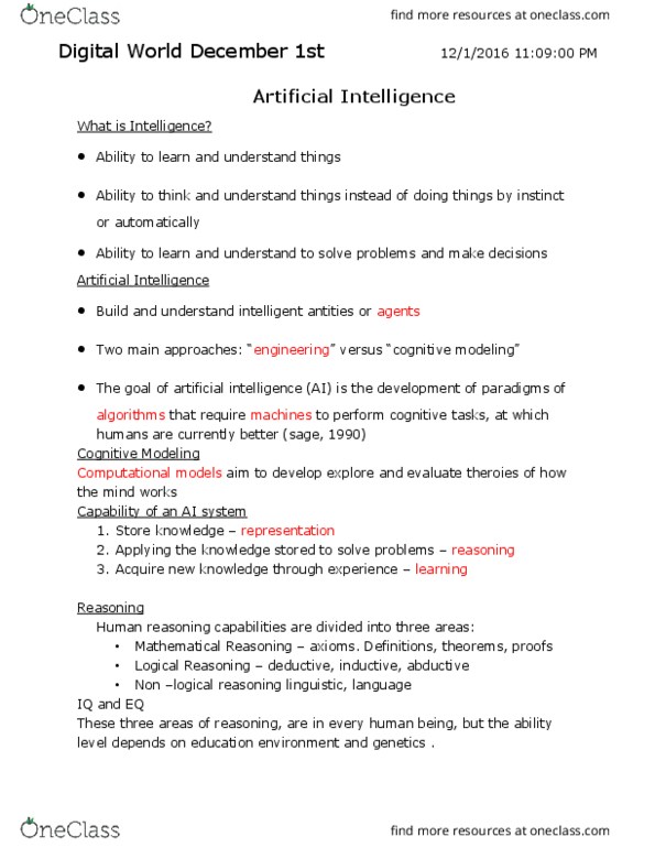 COIS 1010H Lecture Notes - Lecture 11: Intelligence Quotient, Knowledge Representation And Reasoning thumbnail