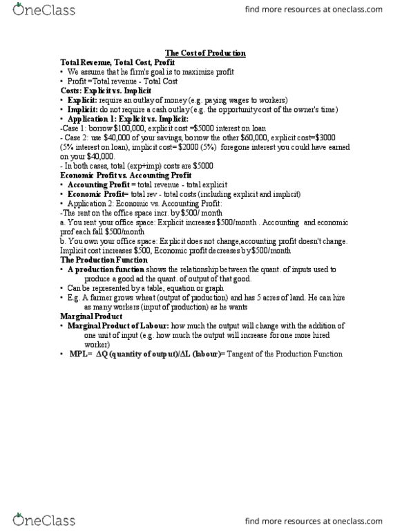 ECO101H1 Lecture Notes - Lecture 7: Production Function, Opportunity Cost, Marginal Product thumbnail