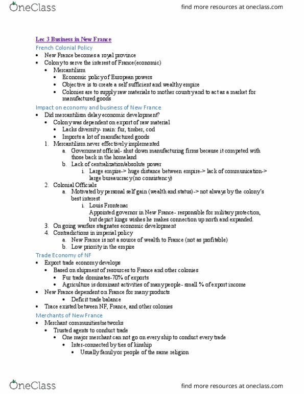 HIST113 Lecture Notes - Lecture 3: Mercantilism, Seigneurial System Of New France thumbnail