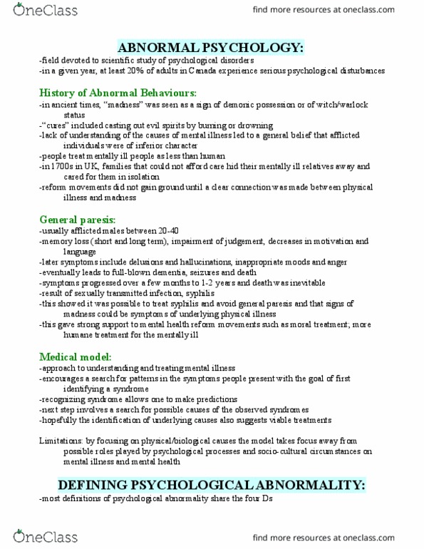 PS101 Chapter Notes - Chapter 15: General Paresis Of The Insane, Demonic Possession, Moral Treatment thumbnail