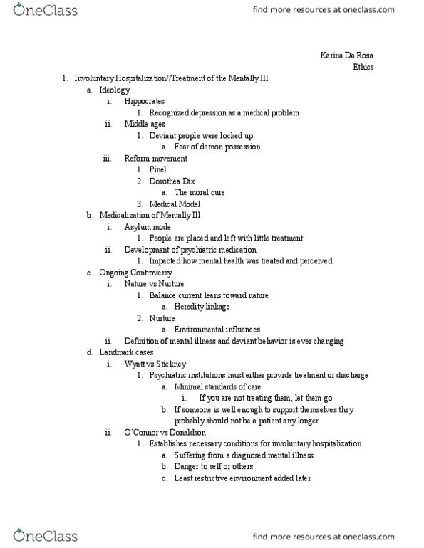 PHIL 1165 Lecture Notes - Lecture 14: Dorothea Dix, Least Restrictive Environment, Psychiatric Medication thumbnail