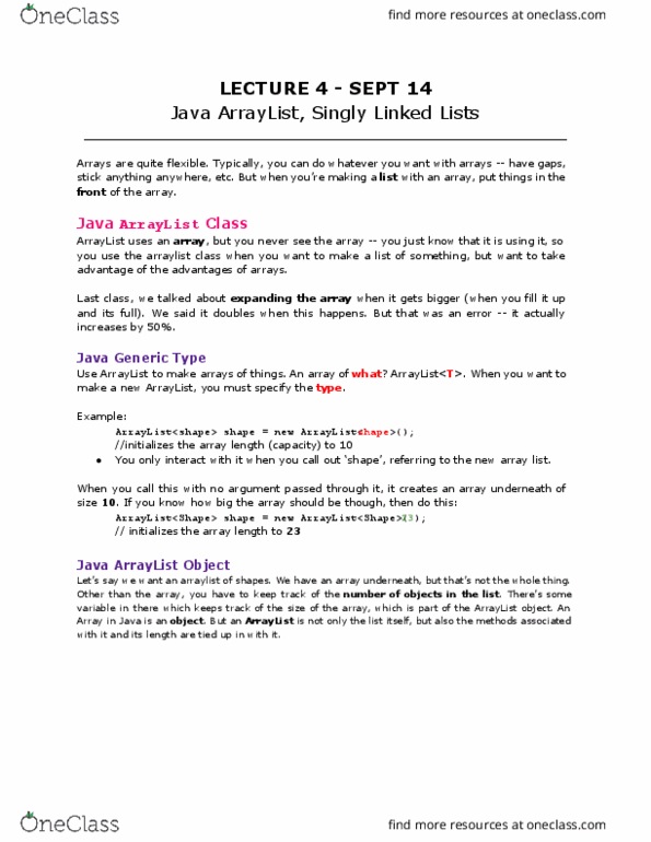 COMP 250 Lecture Notes - Lecture 4: Edge Case, Dynamic Array, Linked List thumbnail