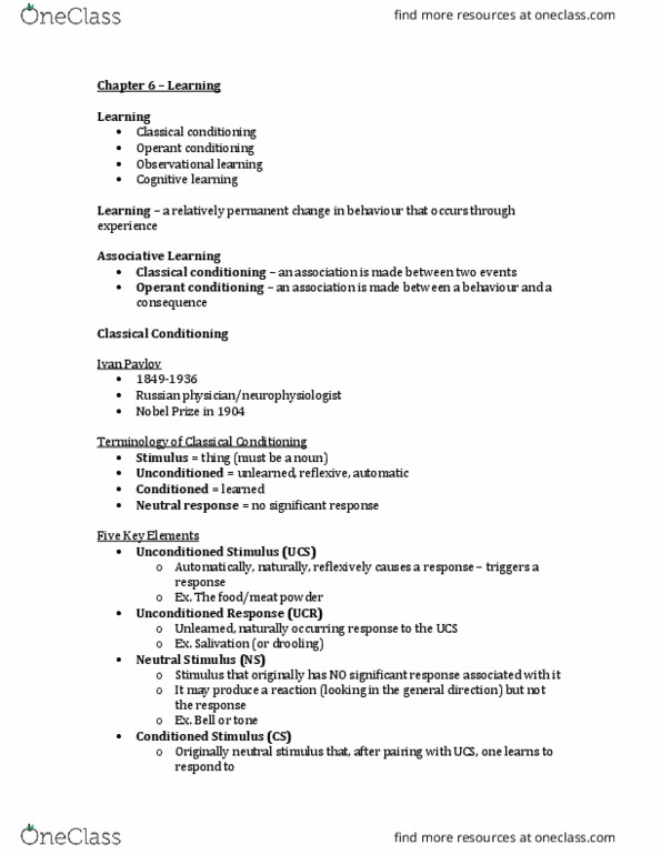 PSYC 1020H Lecture Notes - Lecture 6: Albert Bandura, Reinforcement, Sensory Cue thumbnail