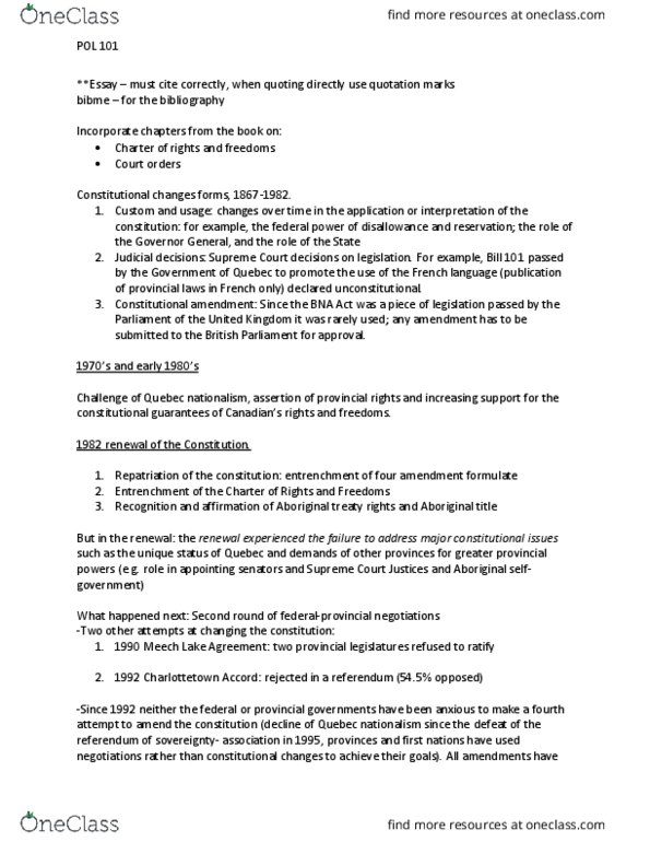 POL 101 Lecture Notes - Lecture 9: Equal Protection Clause, Charlottetown Accord, Unemployment Benefits thumbnail