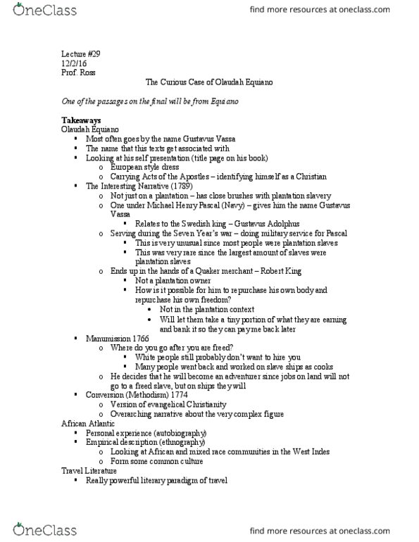 HIST1001 Lecture Notes - Lecture 29: Travel Literature, Some Records, Olaudah Equiano thumbnail