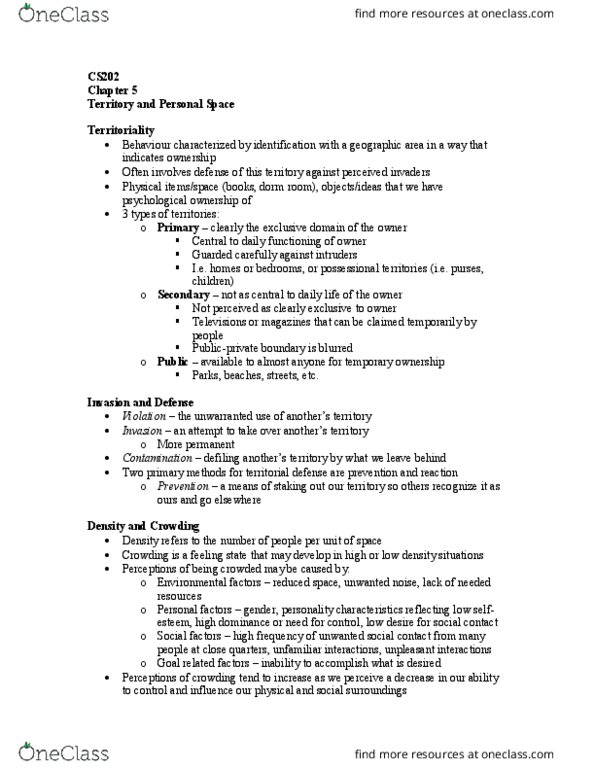 CS202 Chapter Notes - Chapter 5: Proxemics, Public Space thumbnail