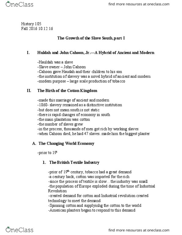 HIST 105 Lecture Notes - Lecture 13: Cotton Gin, Five Civilized Tribes, Huldah thumbnail