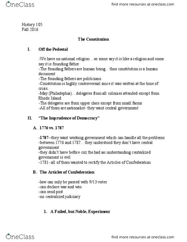 HIST 105 Lecture Notes - Lecture 11: Connecticut Compromise, Prudence, Anti-Federalism thumbnail