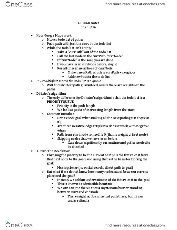 CS 106B Lecture Notes - Lecture 27: Priority Queue, Admissible Heuristic thumbnail