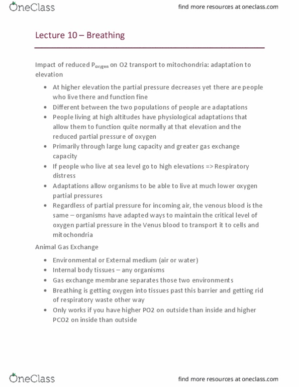 Biology 2601A/B Lecture Notes - Lecture 10: Gas Exchange, Endodermic Evagination, Partial Pressure thumbnail