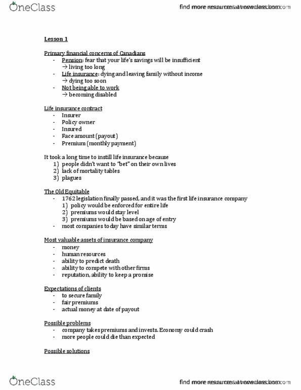 MTHEL131 Lecture Notes - Lecture 1: Life Insurance thumbnail