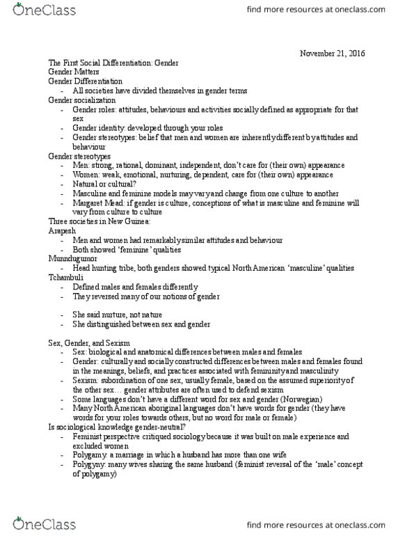 SOC 1101 Lecture Notes - Lecture 12: Margaret Mead, Gender Role, Arapesh Languages thumbnail
