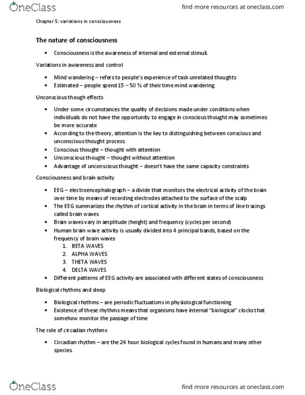 PSY100Y5 Chapter Notes - Chapter 5: Circadian Rhythm, Theta Wave, Delta Wave thumbnail