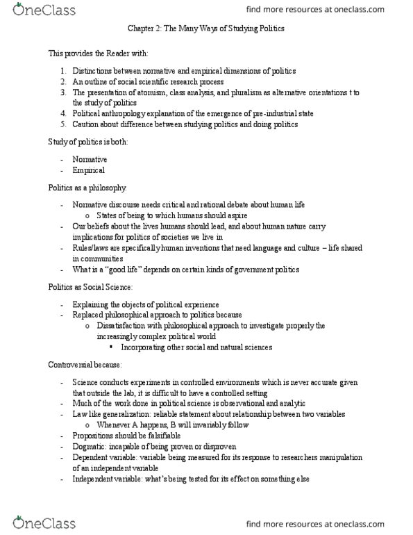 POLS 1000 Chapter Notes - Chapter 2: Dependent And Independent Variables, Political Anthropology, Classical Liberalism thumbnail