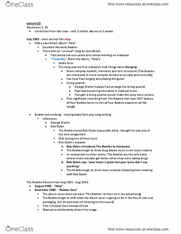 MUSIC 2II3 Lecture Notes - Lecture 13: String Quartet, Thirty-Two-Bar Form, Multitrack Recording thumbnail