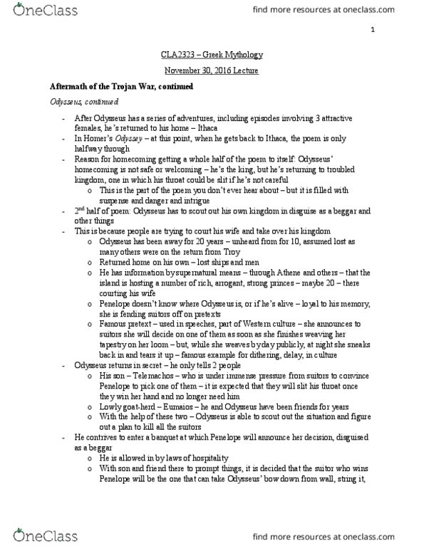 CLA 2323 Lecture Notes - Lecture 11: Oresteia, Clytemnestra, Odysseus thumbnail
