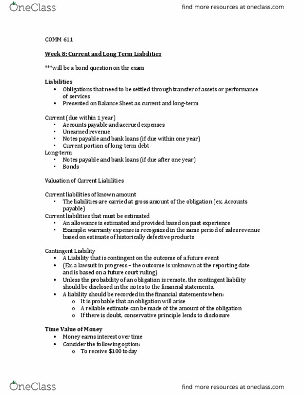 COMM 111 Lecture Notes - Lecture 8: Contingent Liability, Accounts Payable, Current Liability thumbnail