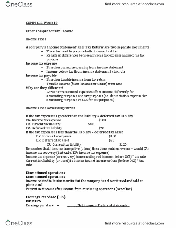 COMM 111 Lecture Notes - Lecture 10: Deferred Tax, Net Income, Income Tax thumbnail
