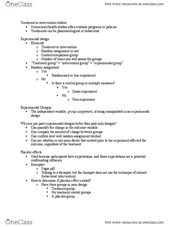 HLTH 200 Lecture Notes - Lecture 7: Design Of Experiments, Experiment, Treatment And Control Groups thumbnail