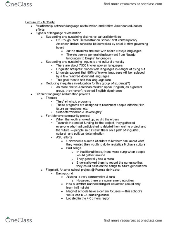 WL ARTS M23 Lecture Notes - Lecture 20: Flagstaff, Arizona, Language Revitalization, Multilingualism thumbnail