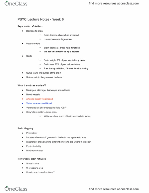 PSYC 100 Lecture Notes - Lecture 5: Brodmann Area, Brain Damage, Gyrus thumbnail