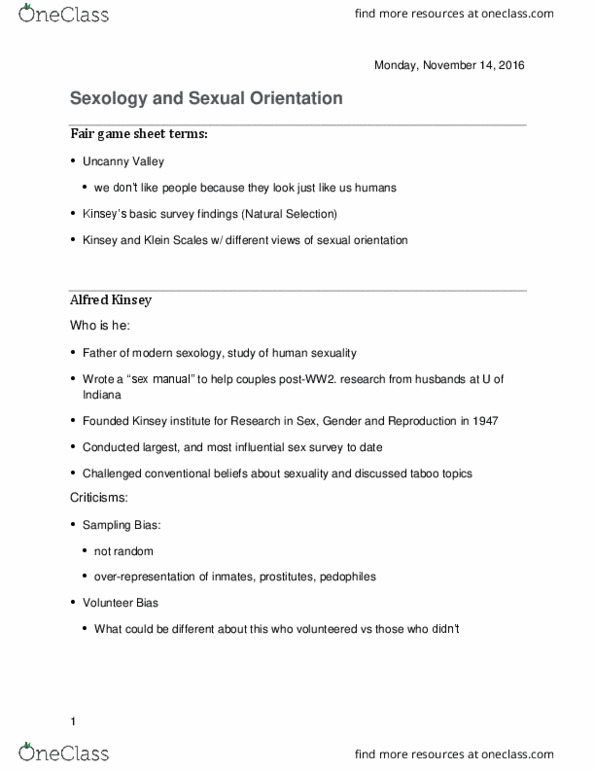 PSY 1 Lecture Notes - Lecture 6: Kinsey Scale, Sexology, Human Sexuality thumbnail