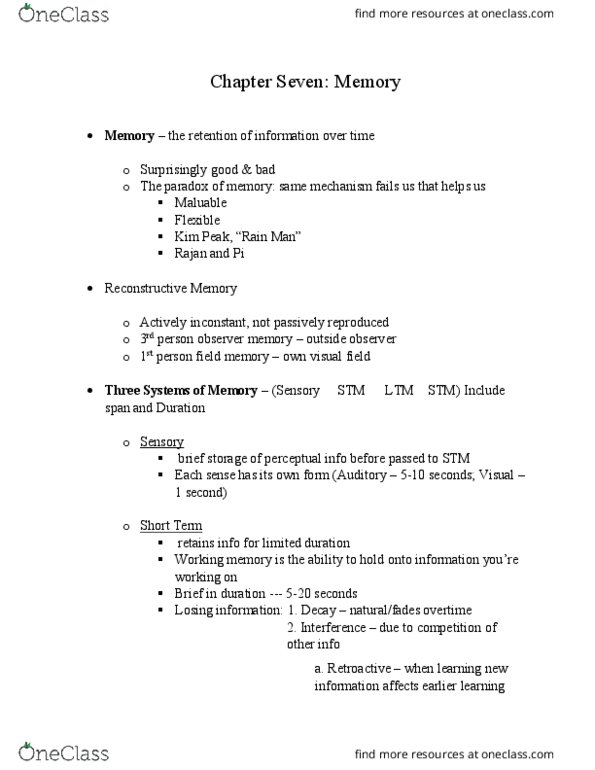 PSYC 110 Lecture Notes - Lecture 7: Memory Span, Implicit Memory, Explicit Memory thumbnail