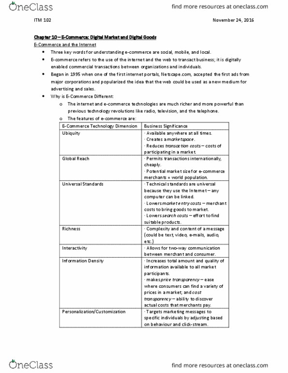 ITM 102 Chapter Notes - Chapter 10: Netscape, E-Commerce, Social Commerce thumbnail