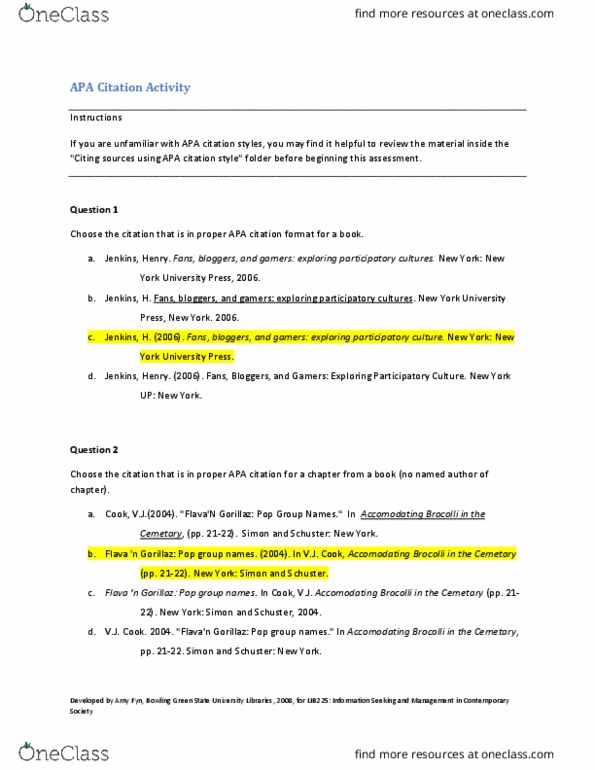 Psy 2010 Lecture 2 Apa Citation Activity Oneclass