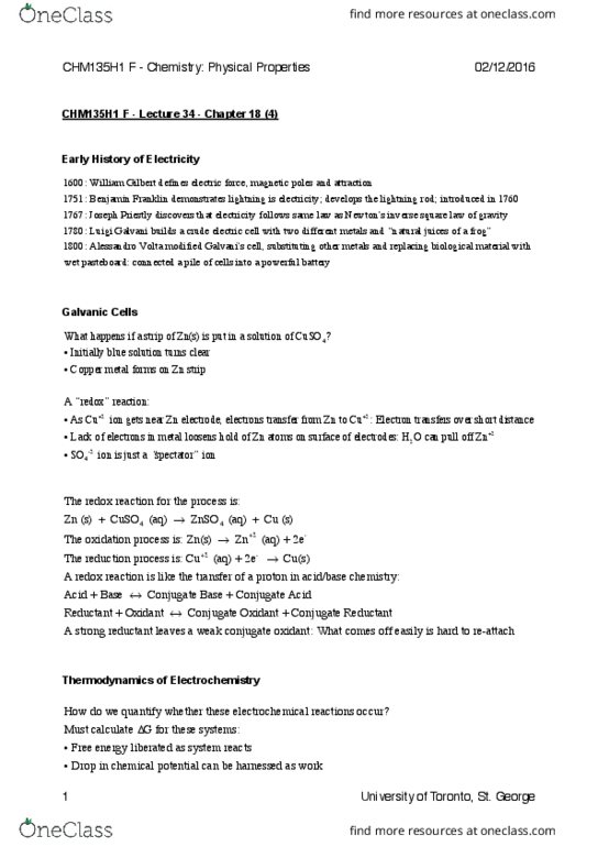 CHM135H1 Lecture Notes - Lecture 34: Alessandro Volta, Luigi Galvani, Redox thumbnail