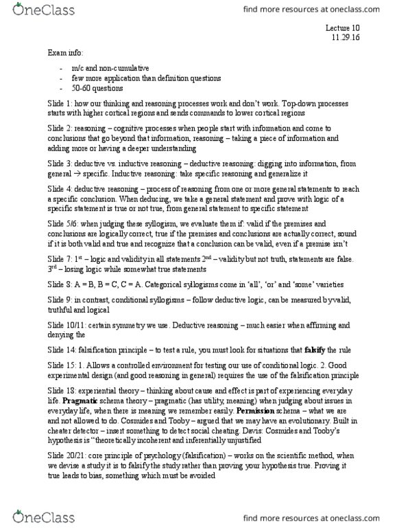 PSYC 2060U Lecture Notes - Lecture 10: Deductive Reasoning, Syllogism, Inductive Reasoning thumbnail