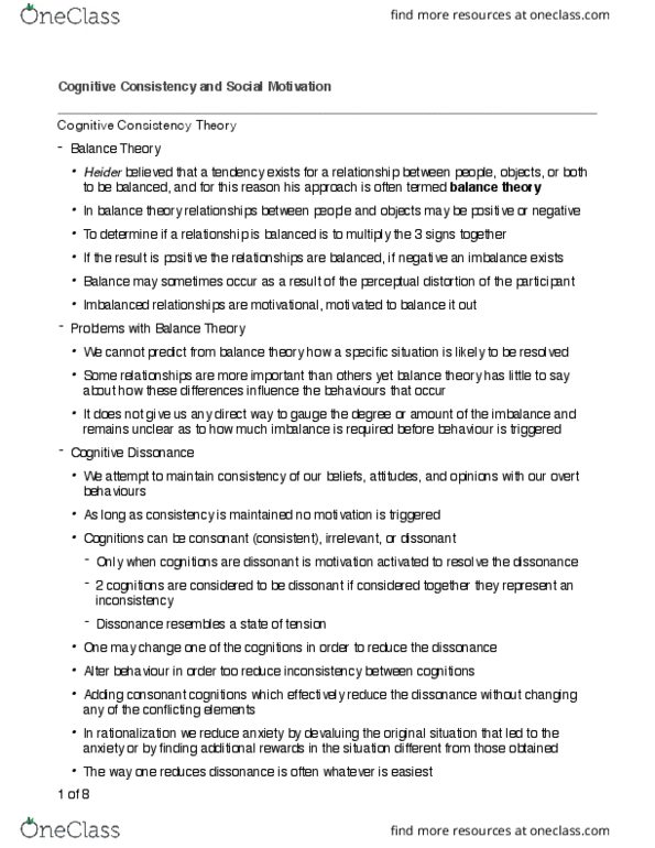 PSYC 2230 Chapter Notes - Chapter 9: Cognitive Dissonance, When Prophecy Fails, Balance Theory thumbnail