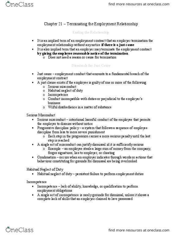 Management and Organizational Studies 2275A/B Chapter Notes - Chapter 21: The Employer, Fundamental Breach, Condonation thumbnail