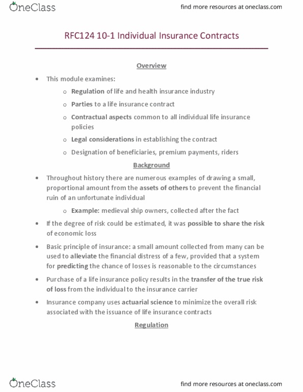 Business Administration - Financial Planning RFC124 Chapter 10-1: RFC124 10-1 Indicidual Insurance Contract thumbnail