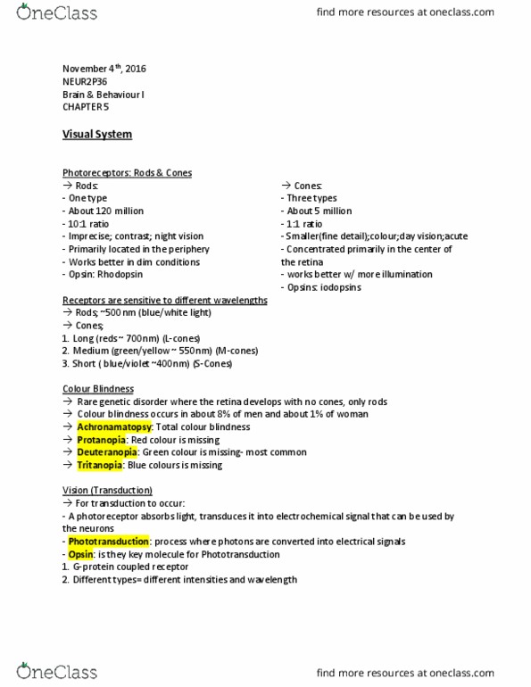 NEUR 2P36 Lecture Notes - Lecture 7: Bipolar Neuron, Photoreceptor Cell, Opsin thumbnail