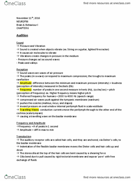 NEUR 2P36 Lecture Notes - Lecture 8: Basilar Membrane, Tectorial Membrane, Wave thumbnail