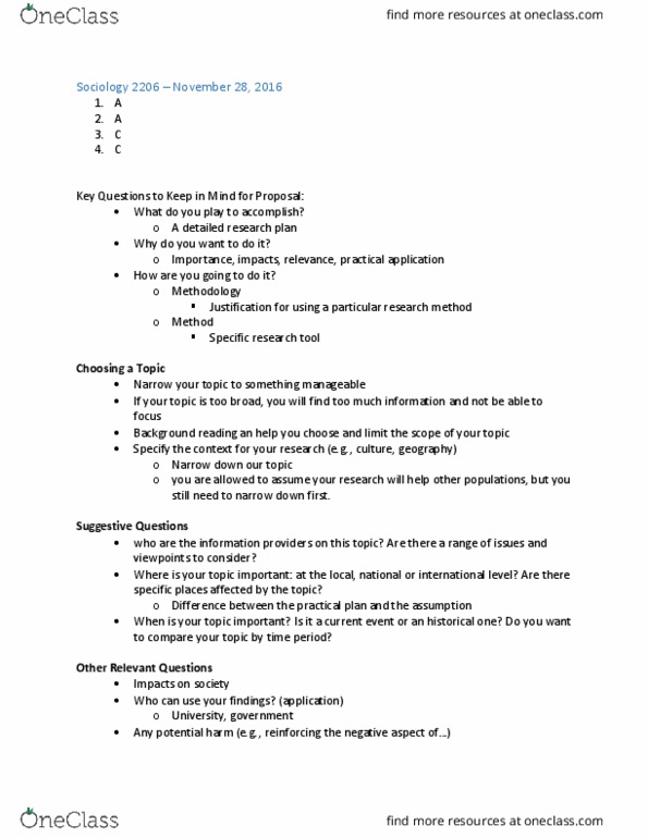 Sociology 2206A/B Lecture Notes - Lecture 11: Time Management, Sample Size Determination thumbnail