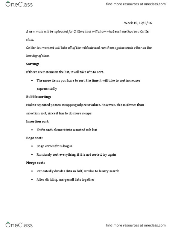 CSC 127A Lecture Notes - Lecture 37: Binary Search Algorithm, Merge Sort, Selection Sort thumbnail